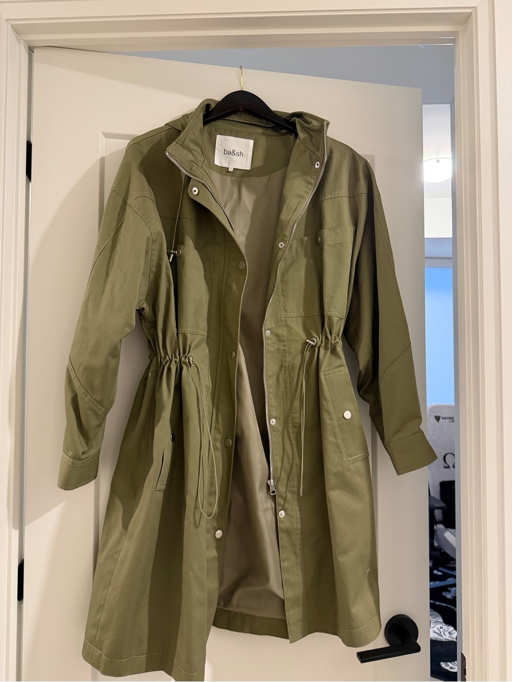 ba&sh Tylan Olive Drawstring Hooded Trench Coat